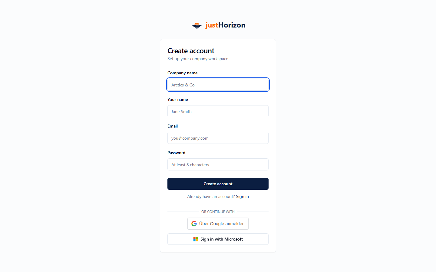 Registration page showing the full sign-up form with name, email, password, and company name fields