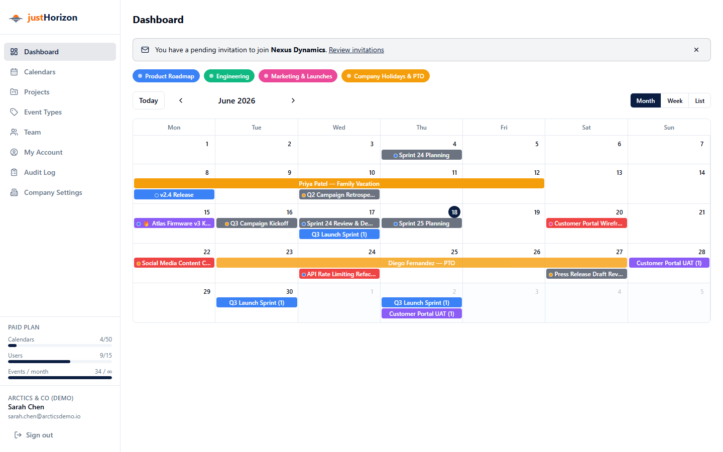 justHorizon dashboard showing multiple planning calendars in one monthly view
