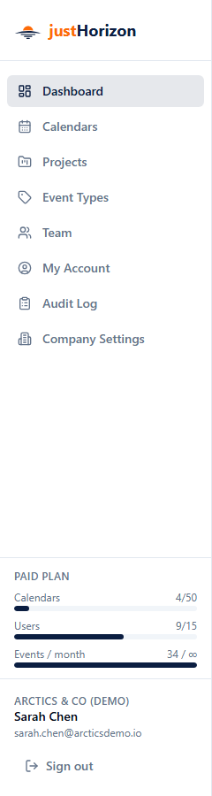 Sidebar showing company name, usage meters with progress bars, and user name/email at the bottom