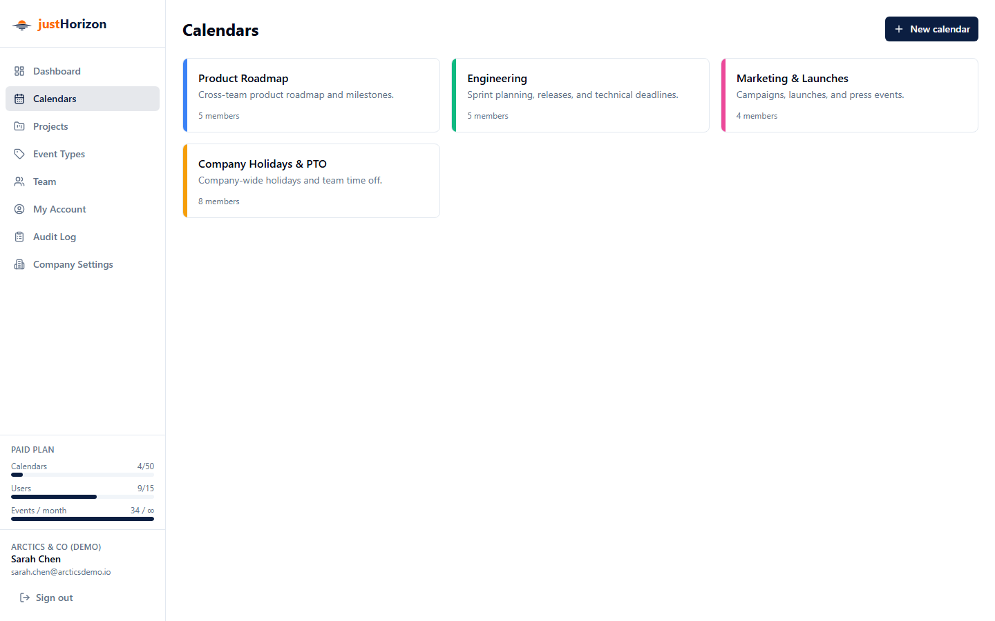 Calendars page listing all accessible calendars with their colors and the New calendar button