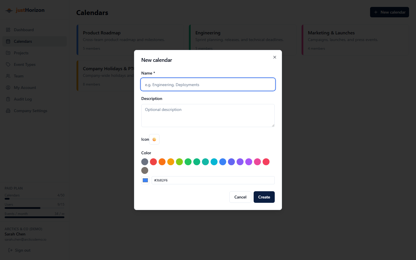 New calendar dialog with name, description, color picker, and emoji icon picker