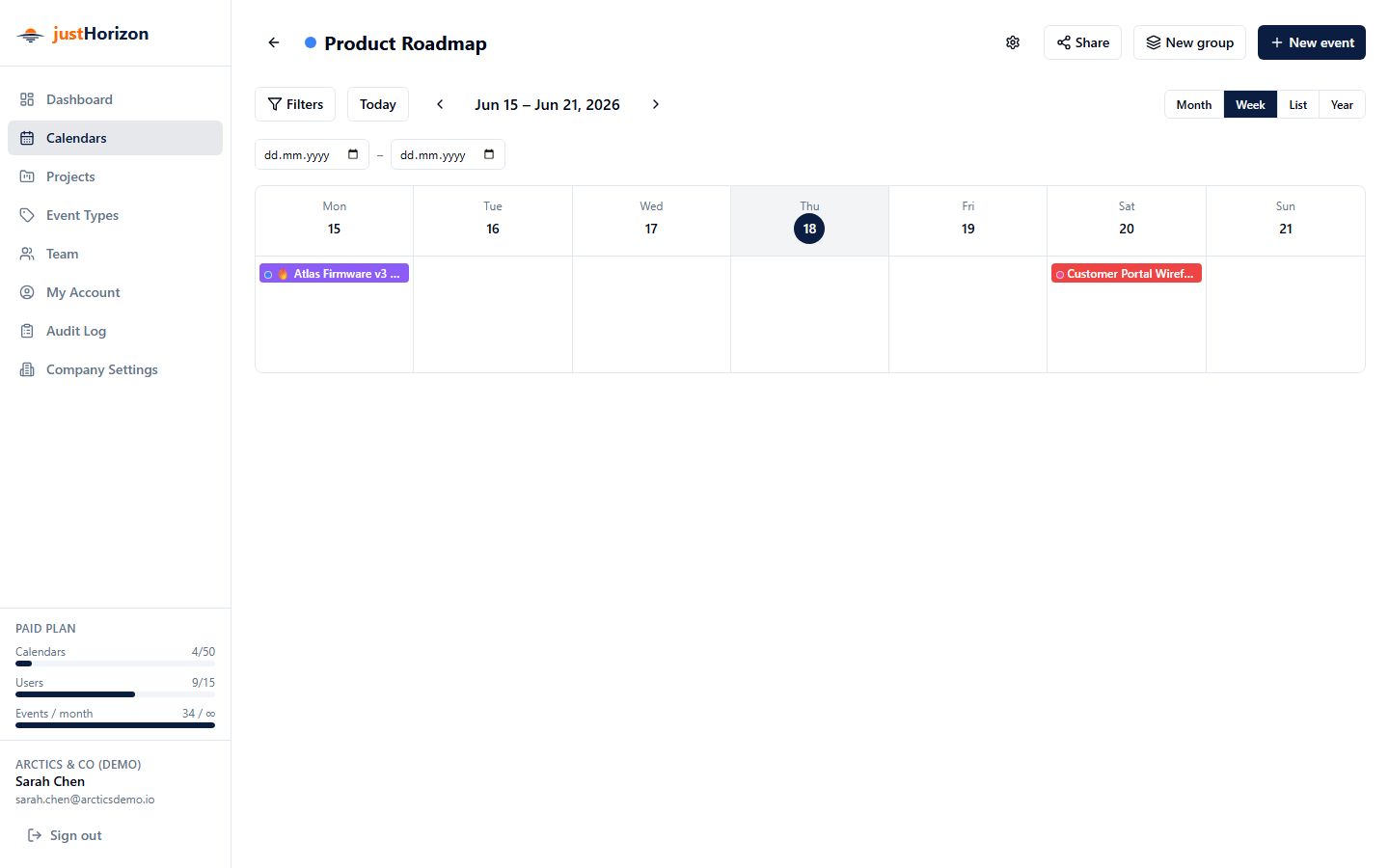 Calendar in Week view showing event bars in individual day columns