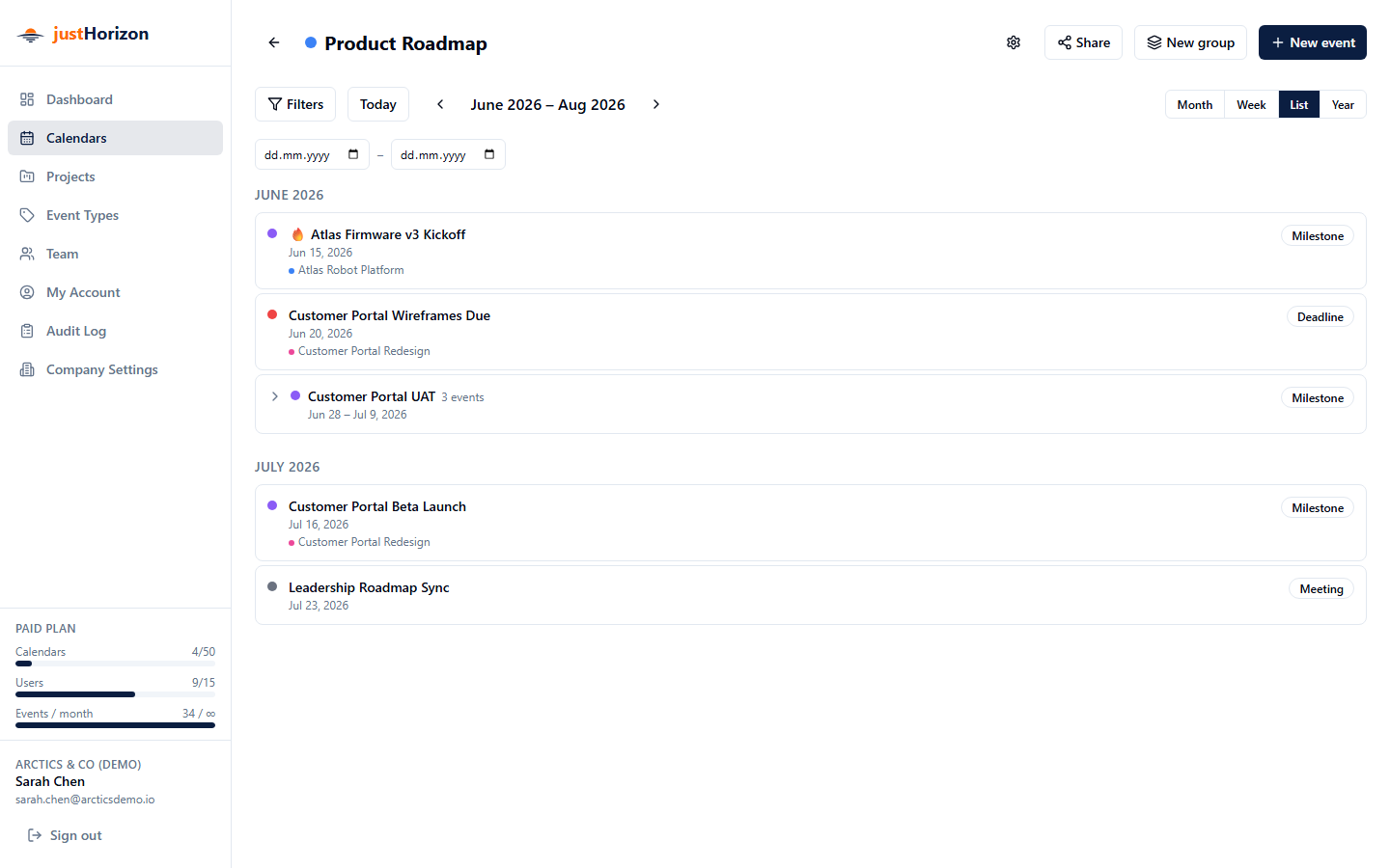 Calendar in List view showing events in chronological order with dates