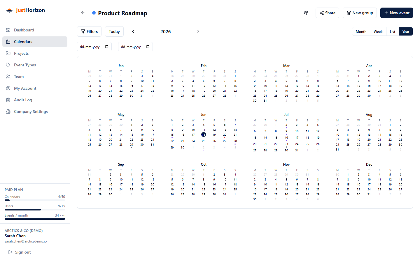 Calendar in Year view showing the compact annual grid