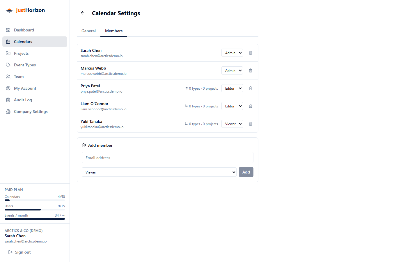 Calendar Settings Members tab showing the Add member form and the existing members table with roles