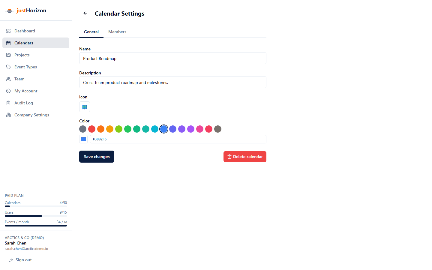 Calendar Settings page showing the General tab with name, description, icon, and color fields