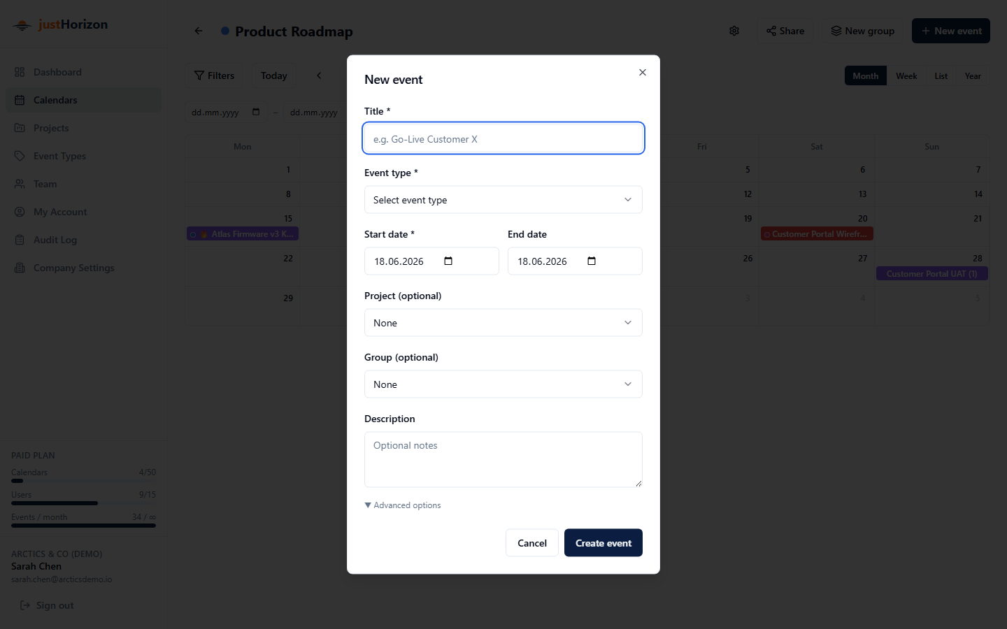 New event dialog showing all fields including title, dates, event type, project, color, icon, and group