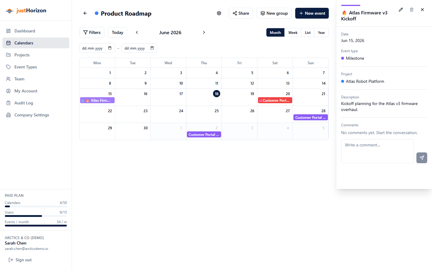 Event detail panel open on the right side showing event title, dates, event type, project, and edit controls