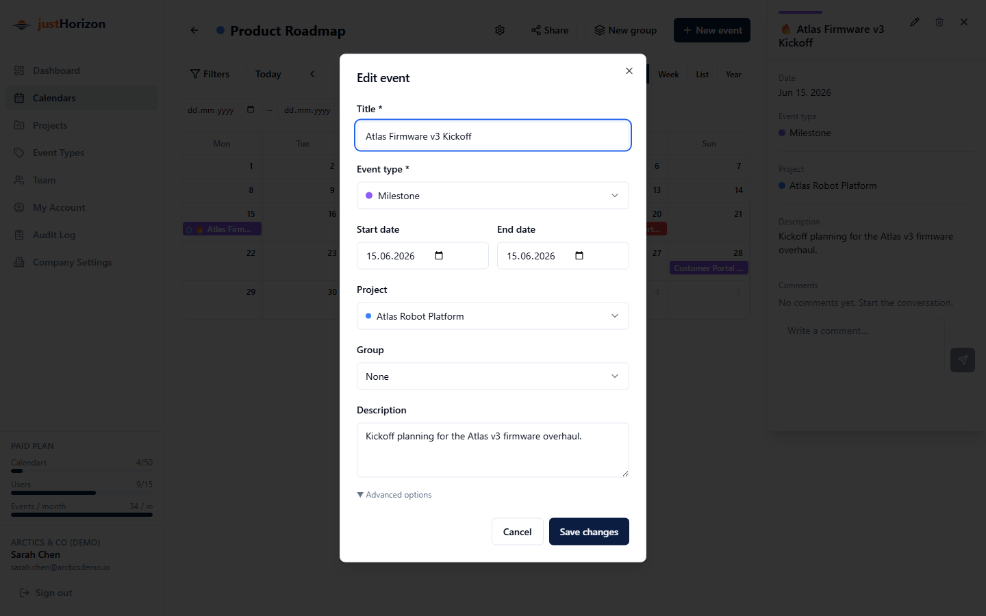 Event edit dialog with all fields pre-filled from the existing event
