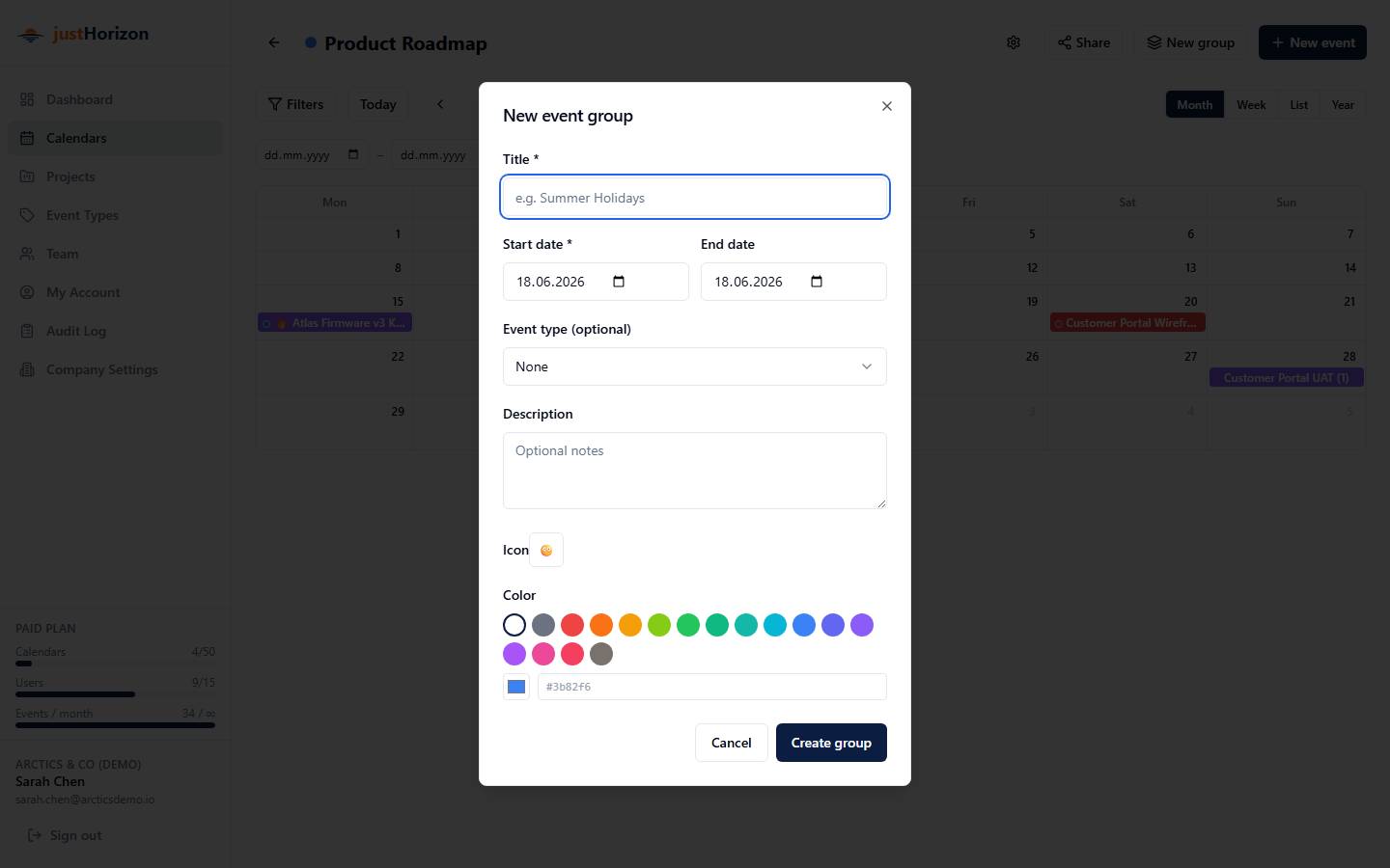 New group dialog showing title, color picker, icon picker, and date fields