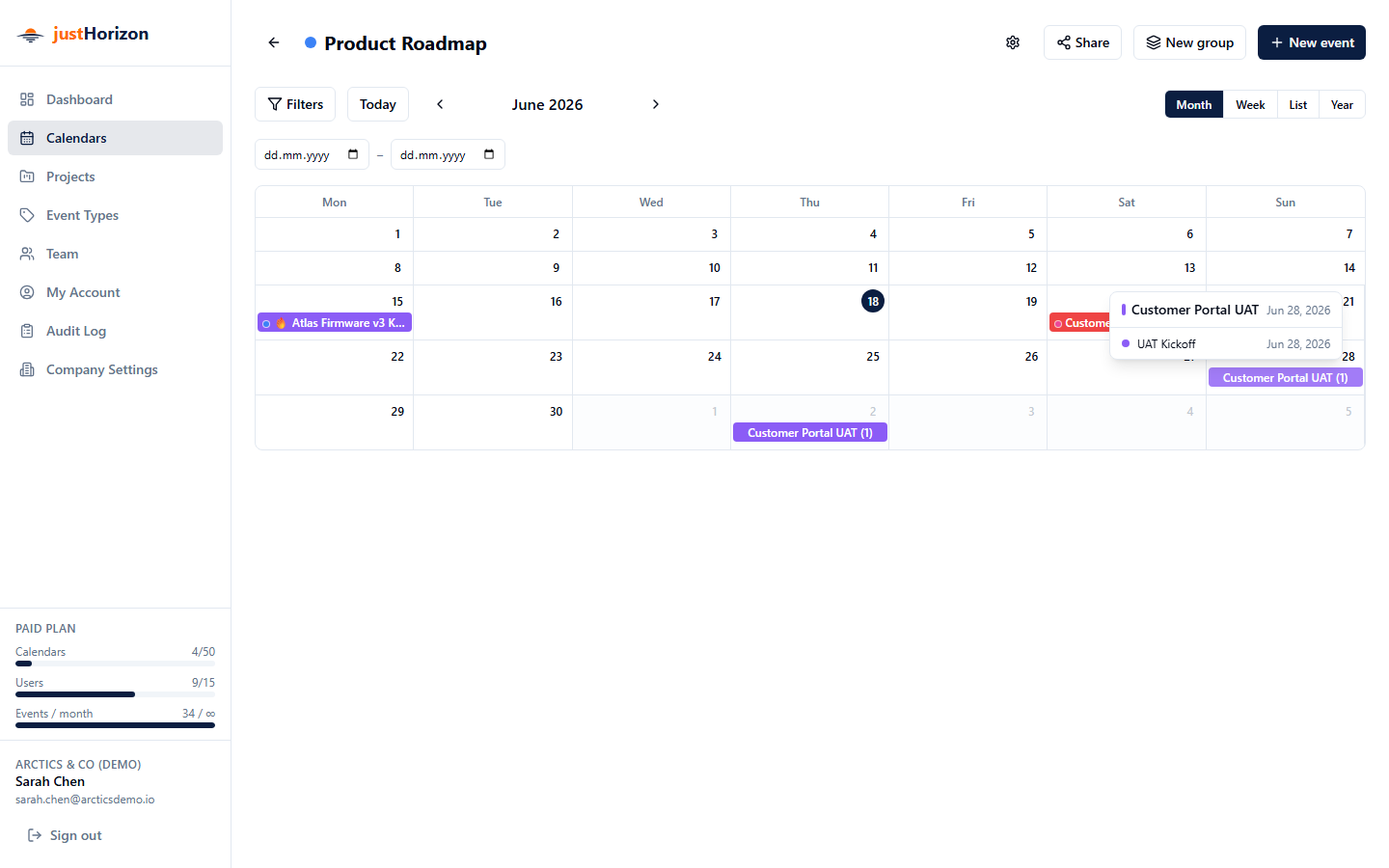 Group hover popup showing the list of active events for the hovered day
