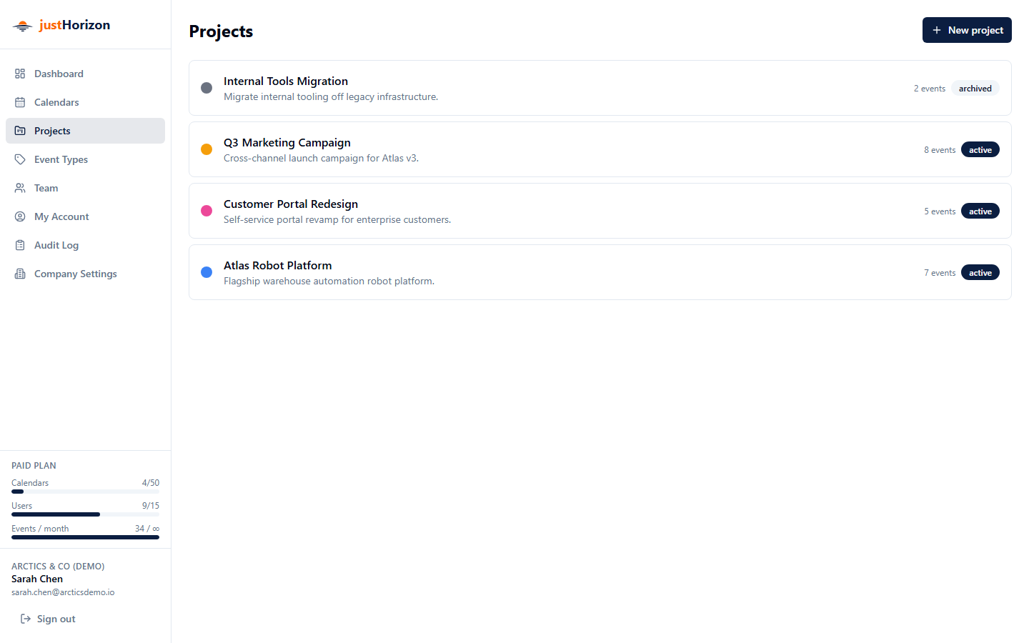 Projects page listing all projects with their colors and descriptions