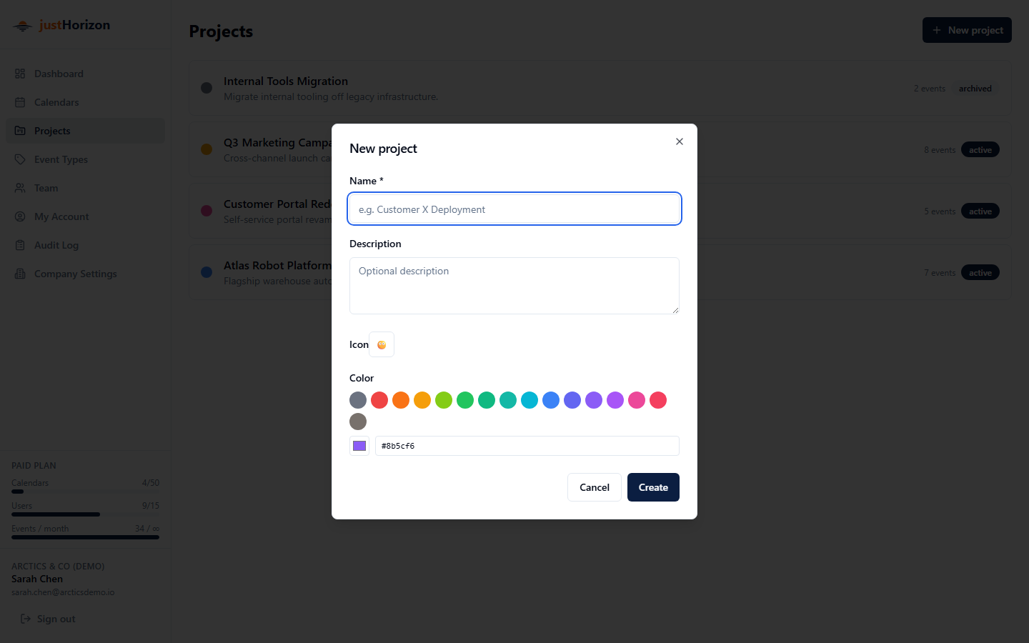 New project dialog with name, description, color picker, and icon fields