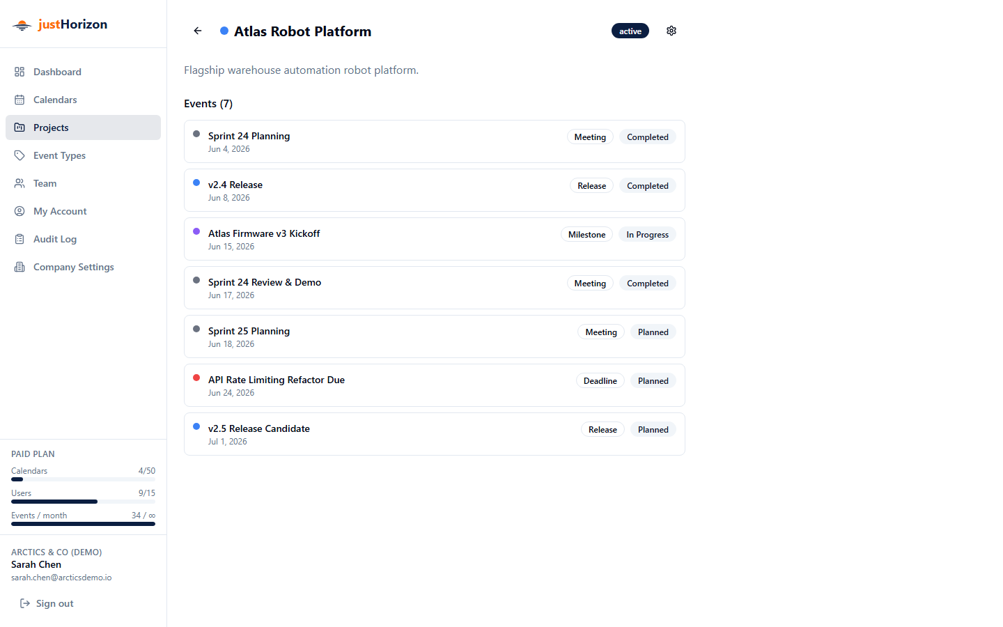 Project detail page showing the project header and the linked events list