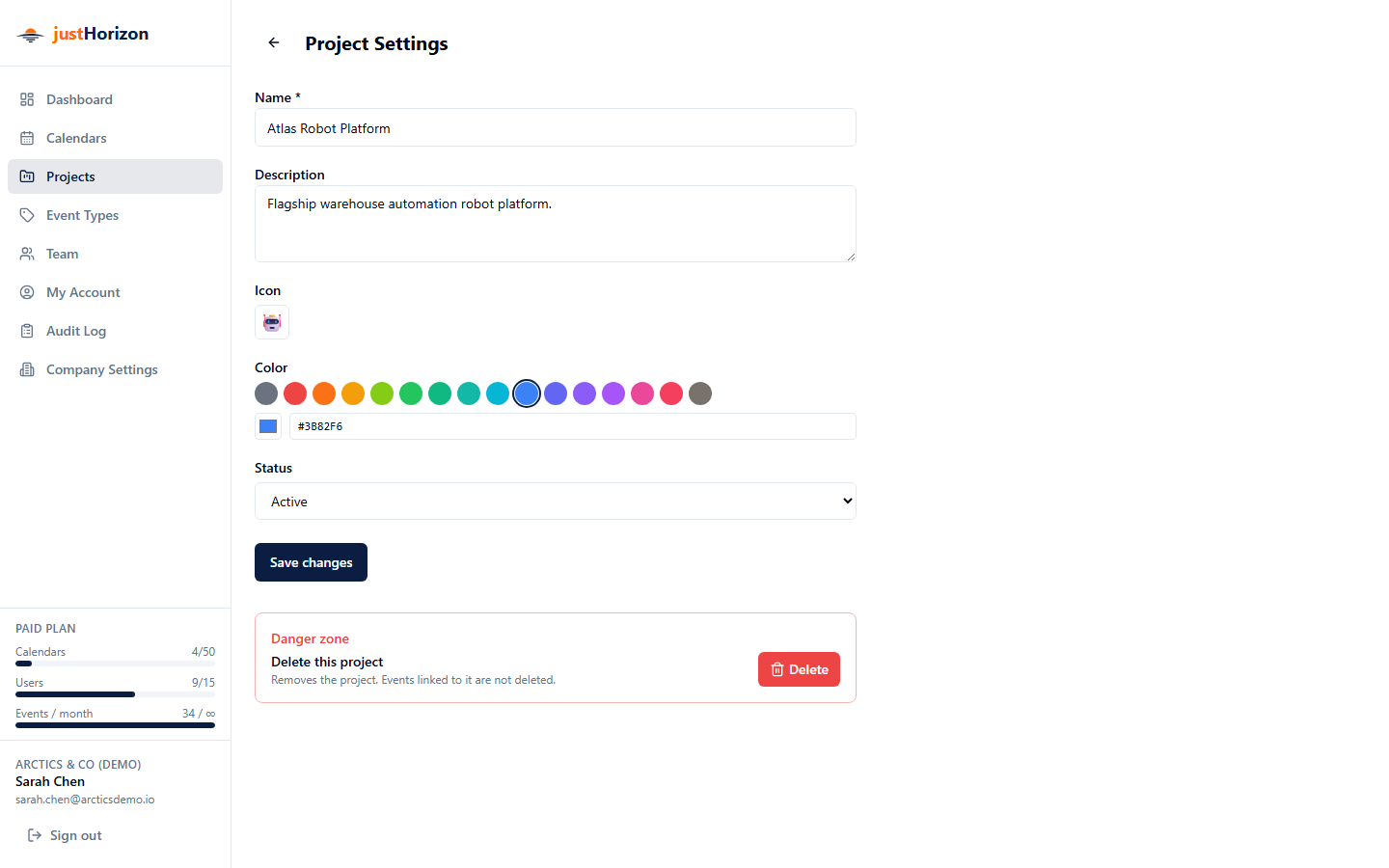 Project settings page with the edit form and the Delete button in the danger zone