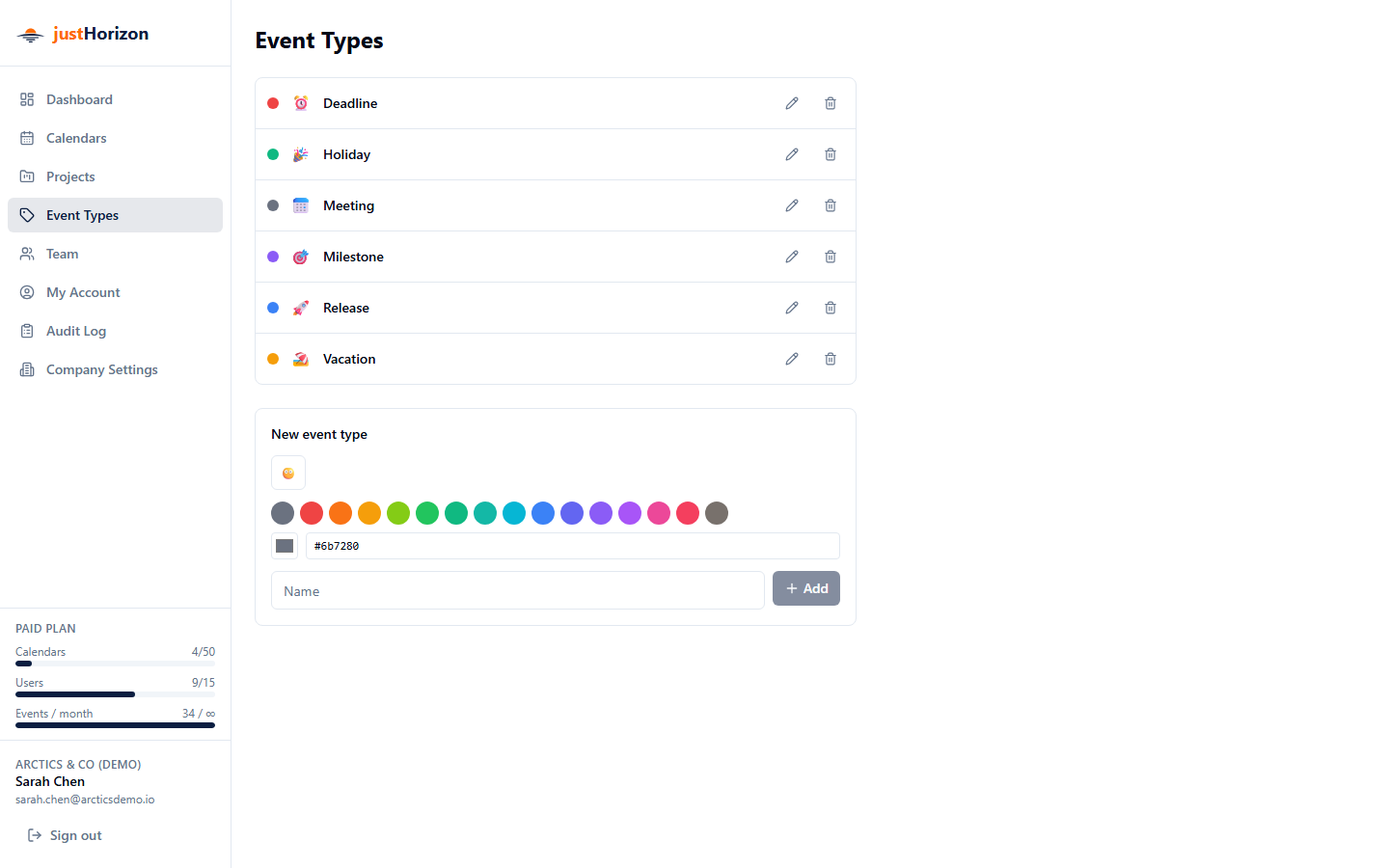 Event Types page listing all event types with their color indicators and icons