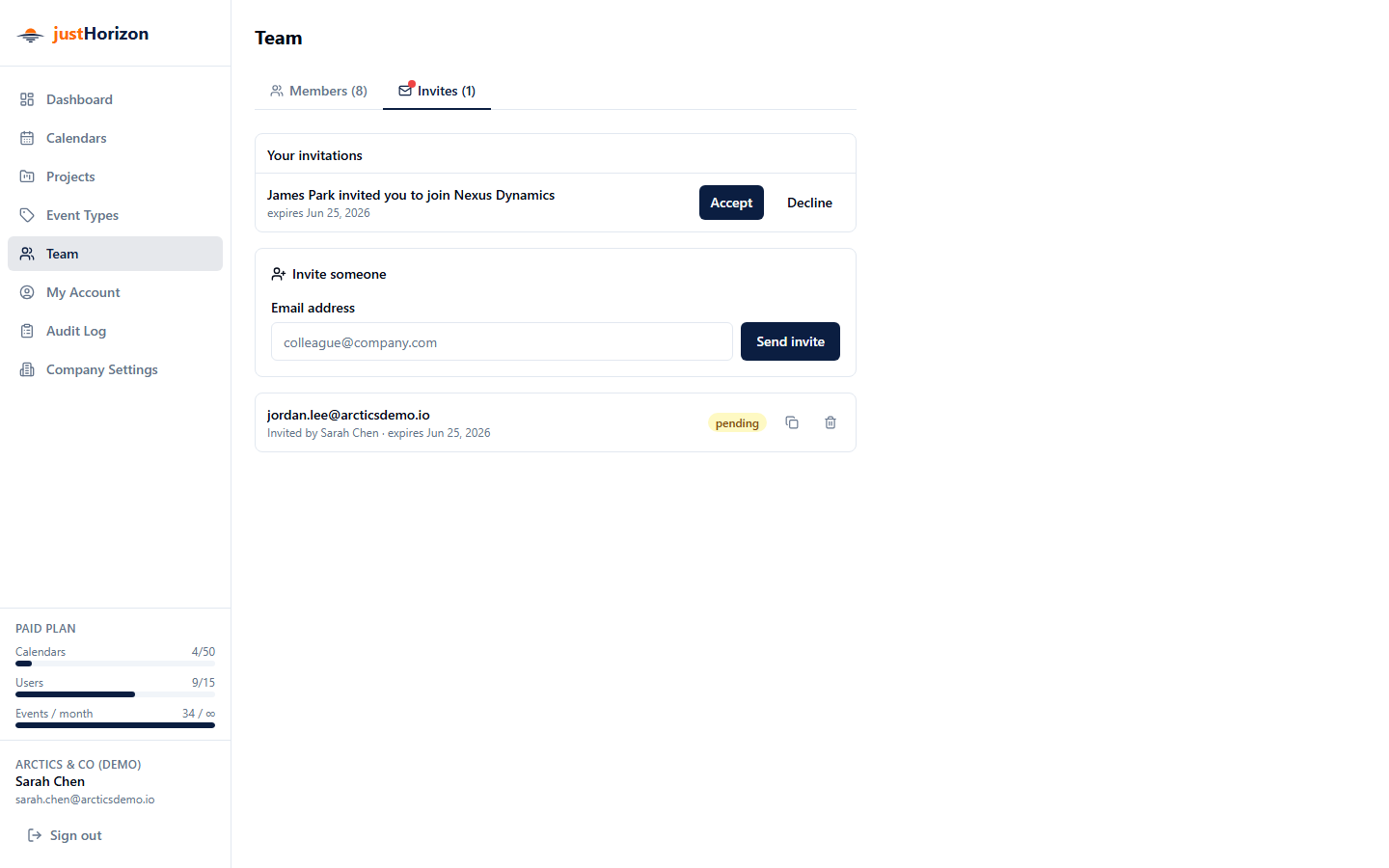 Team page showing "Your invitations" card with Accept and Decline buttons