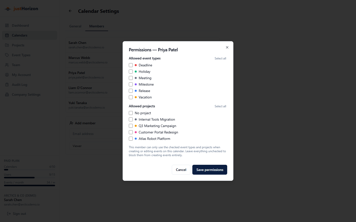 Member permissions dialog showing event type and project grant checkboxes for a calendar member