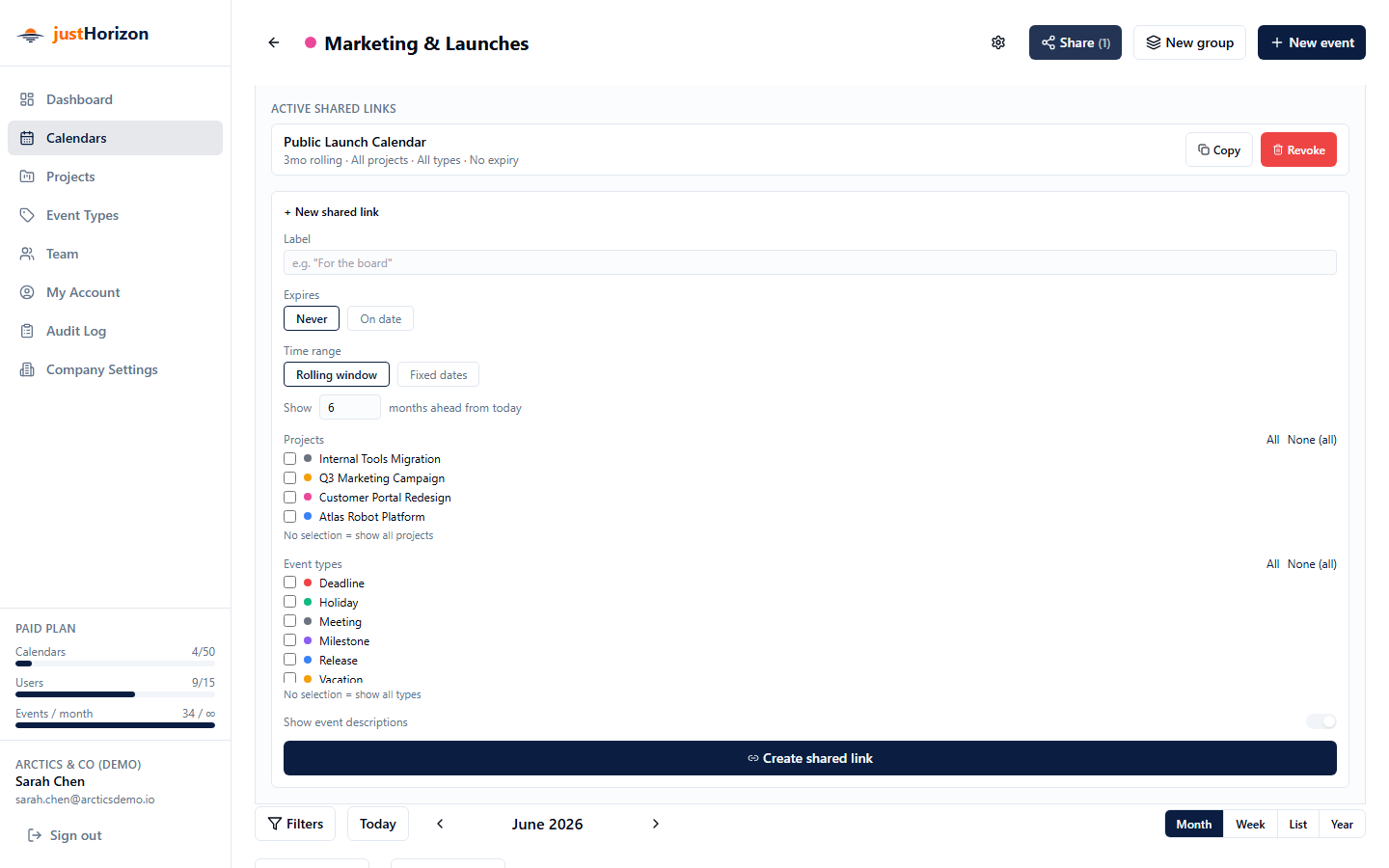 Share panel showing the New shared link form with label, date range, filters, and expiry options