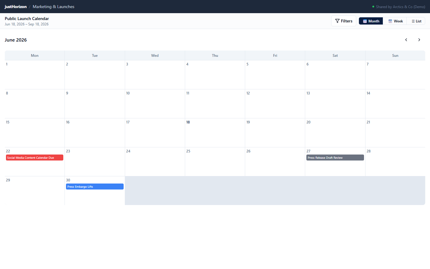 Public shared calendar page showing the branded header, Calendar/List/Week toggle, Filters button, and event bars