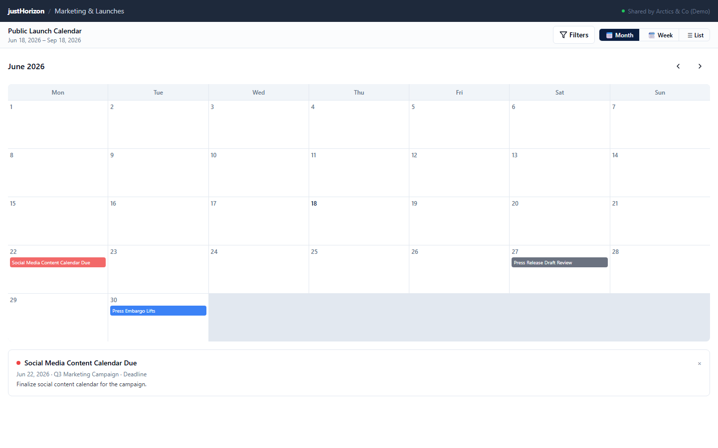 Public shared calendar with an event detail popup open after clicking an event