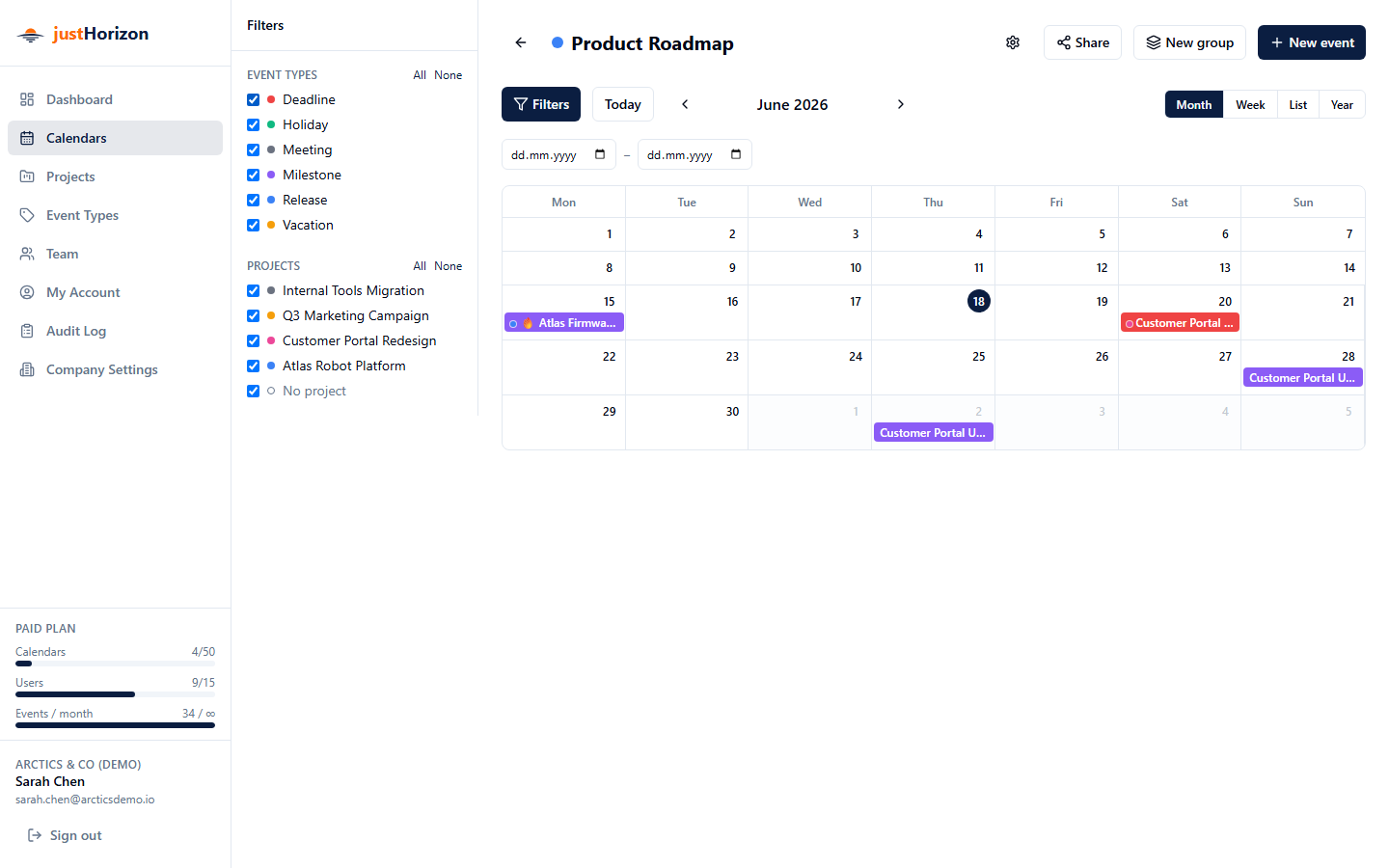 Calendar Filters sidebar open on the left showing event type and project toggles