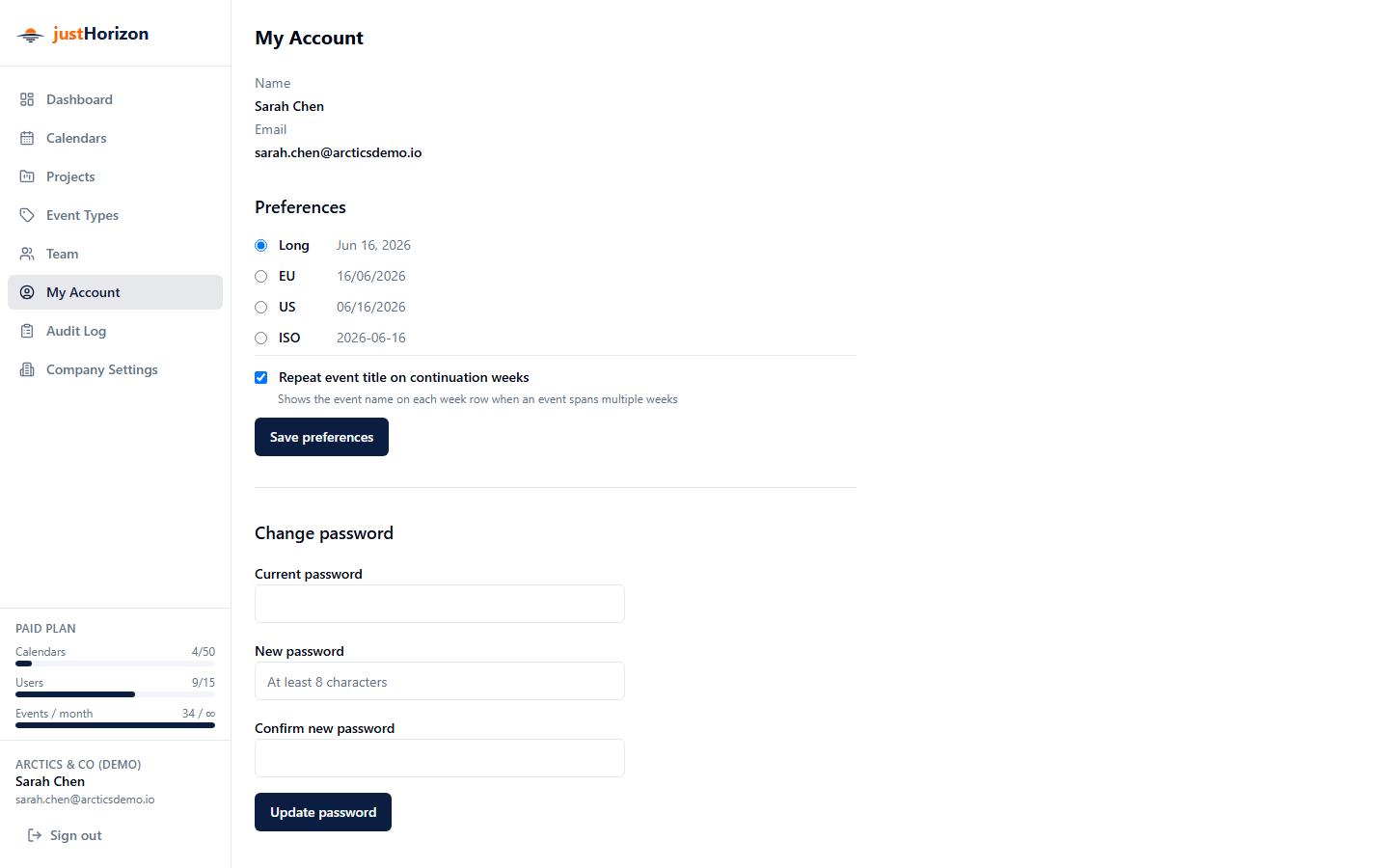 Account page showing the read-only profile, date format and repeat title preferences, and the Change password form
