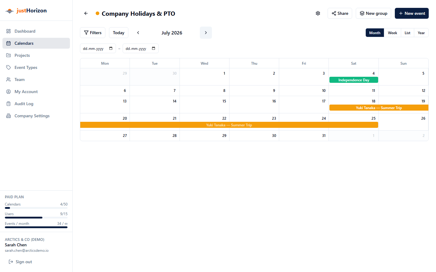 Monthly calendar showing a multi-week vacation event with the title repeated on each week row at reduced opacity