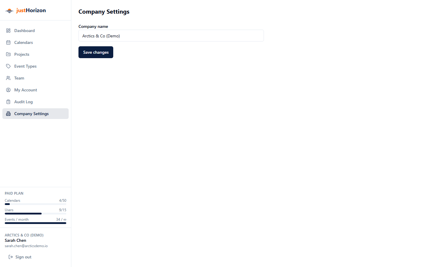 Company Settings page with the company name input and Save button
