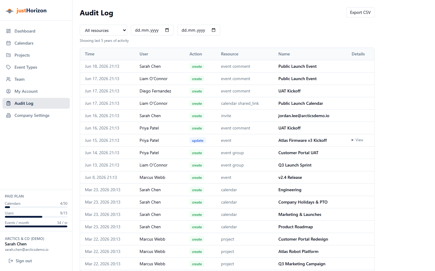 Audit Log page showing the full log table with filters for resource type and date range