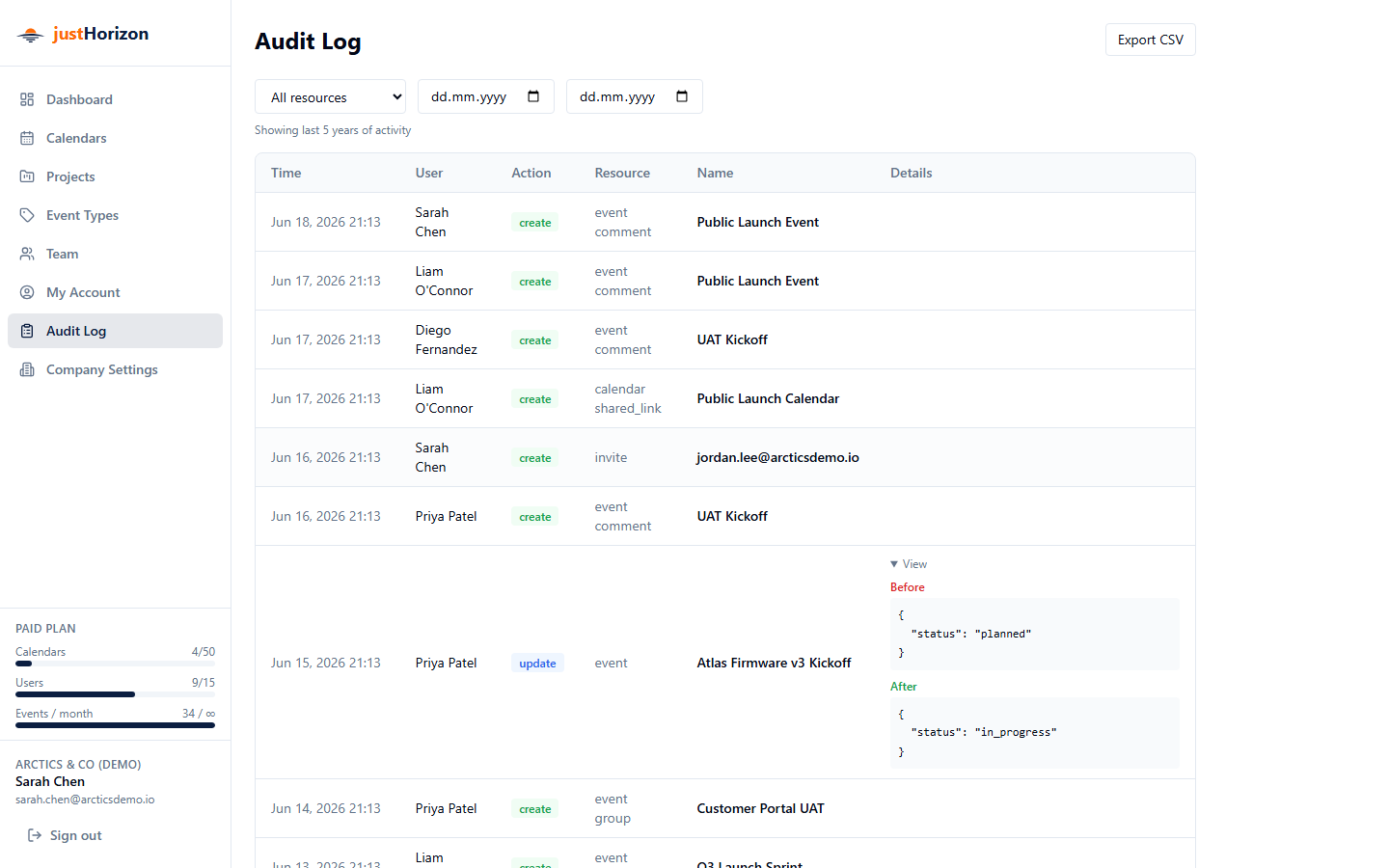 Audit Log page highlighting the Export CSV button available on paid plans